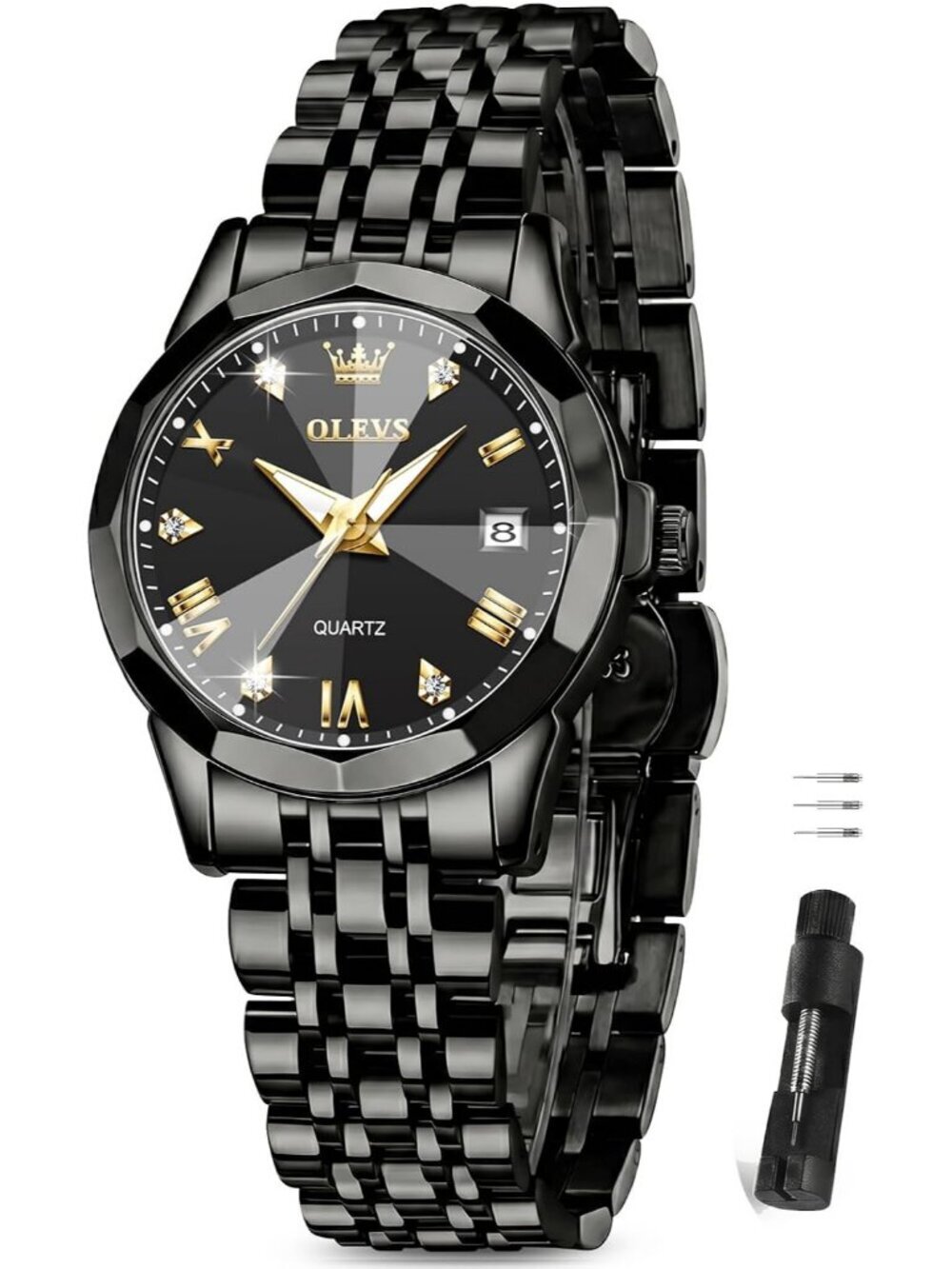 Women's Black Band/Black Dial Stainless Steel Luxury Quartz Analog Wrist Watch